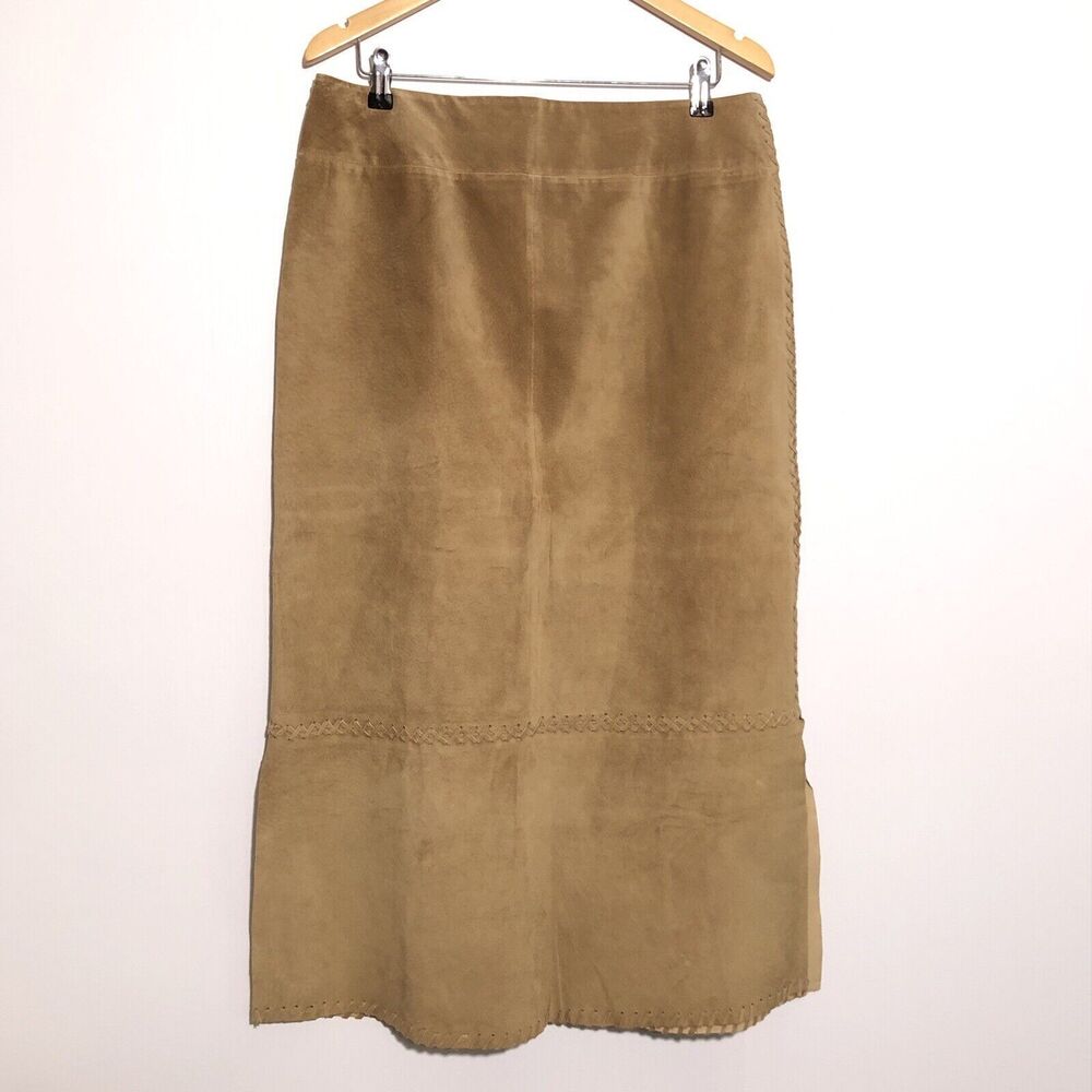 Garnet Hill Leather Midi Skirt Women’s 14 Brown Suede Laced Sides A Line